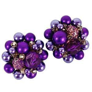VTG Japan Mid Century Cocktail Earrings Purple Faux Pearl Bead Cluster Clip On